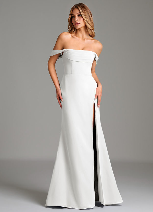 Azazie Riley Bridesmaid Dresses White Sheath Off the Shoulder Chiffon Convertible Dress image1