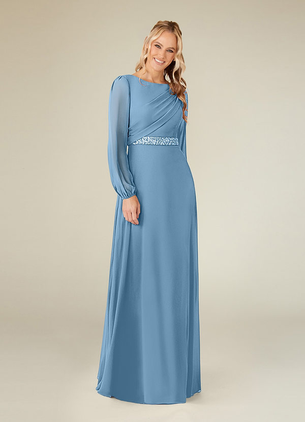 Azazie Priyanka Mother of the Brides Dresses Steel Blue A-Line Boatneck Pleated Chiffon Dress image1