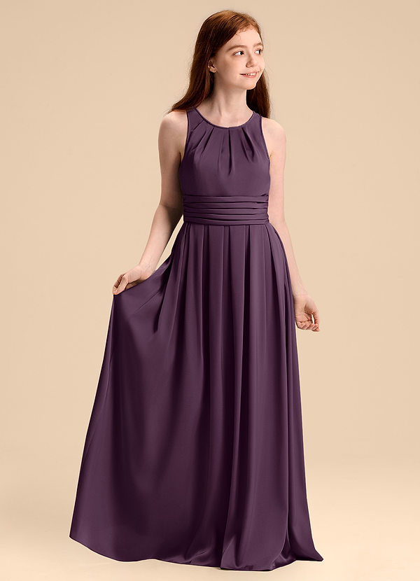 Azazie Bibiane Junior Plum A-Line Pleated Stretch Satin Dress image1