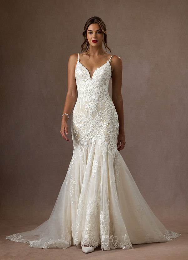 Azazie Camlynn Wedding Dresses Diamond White Champagne Mermaid V-Neck Sequins Tulle Dress image1
