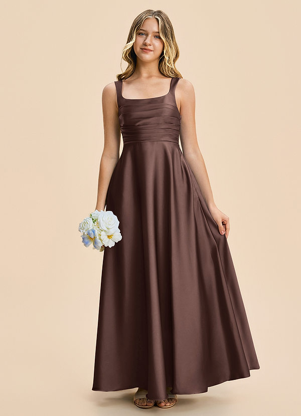 Azazie Azaria Junior Ganache A-Line Pleated Stretch Satin Dress image1