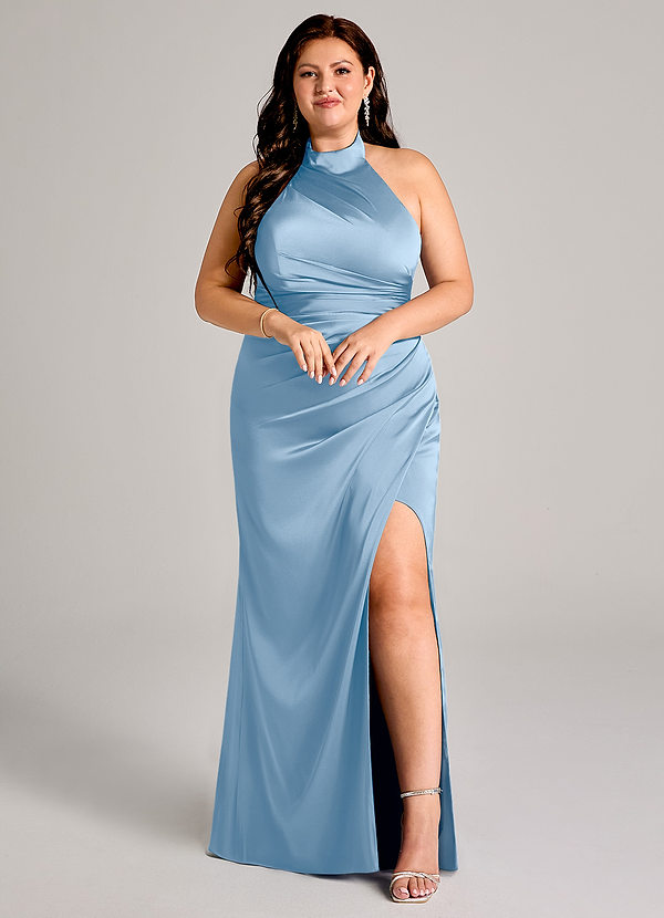 Azazie Jemma Bridesmaid Dresses Powder Blue Sheath Pleated Stretch Satin Dress image1