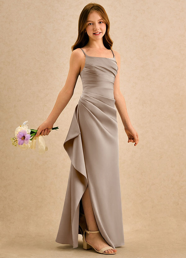 Azazie Cannoli Girls Formal Flower Girl Dresses Taupe A-Line Pleated Stretch Satin Dress image1