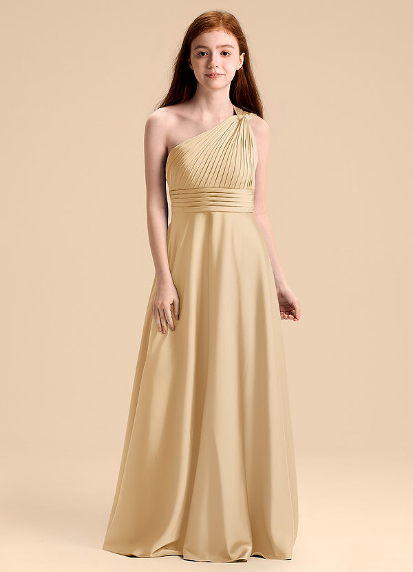 Azazie Charlize Junior Gold A-Line Pleated Stretch Satin Dress image1