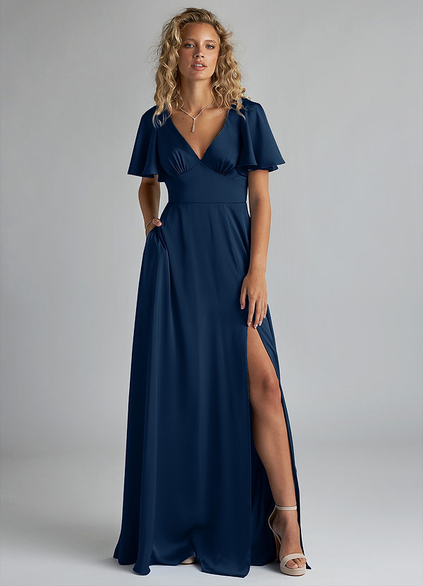 Azazie Kimber Bridesmaid Dresses Dark Navy A-Line Ruched Stretch Satin Dress image1