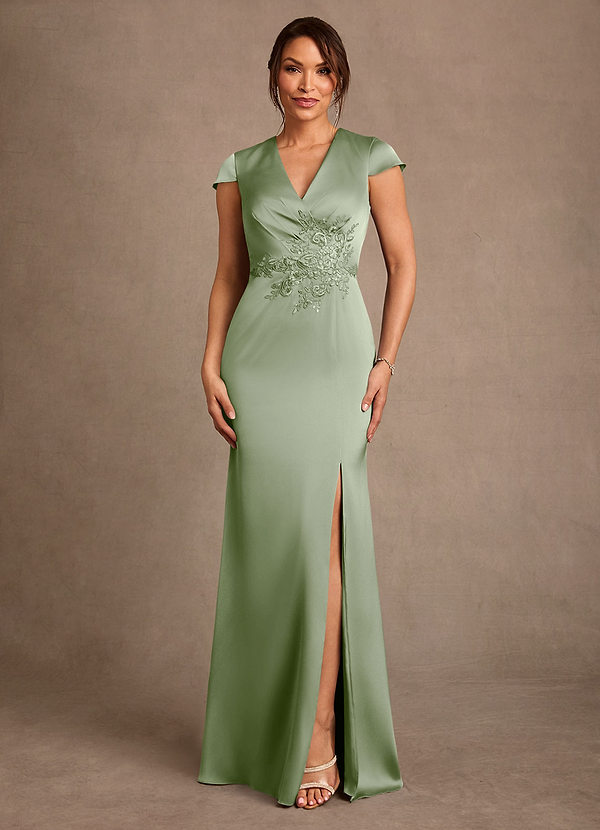 Azazie Rilda Mother of the Brides Dresses Dusty Sage Sheath Lace Stretch Satin Dress image1