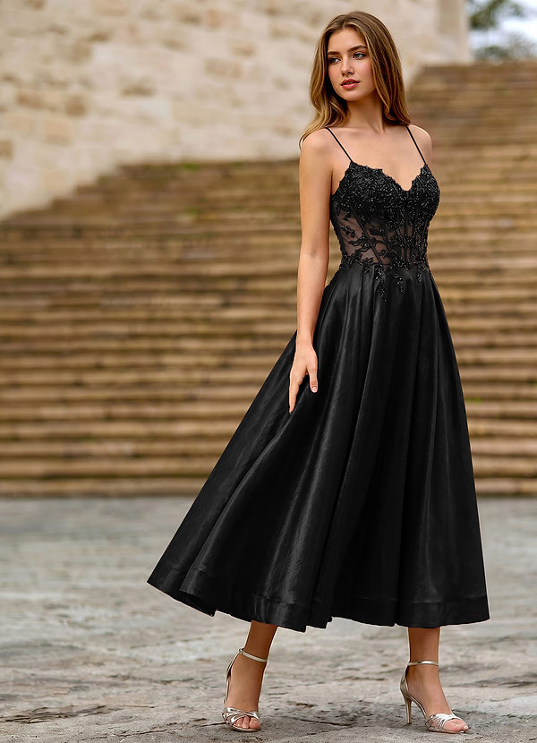 Cemtine Black Lace Sequin Embroidery Satin Wedding Guest image1