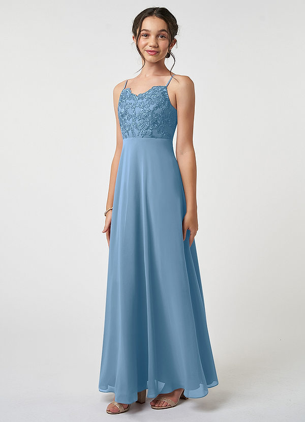Azazie Sonya Junior Steel Blue A-Line Lace Chiffon Dress image1