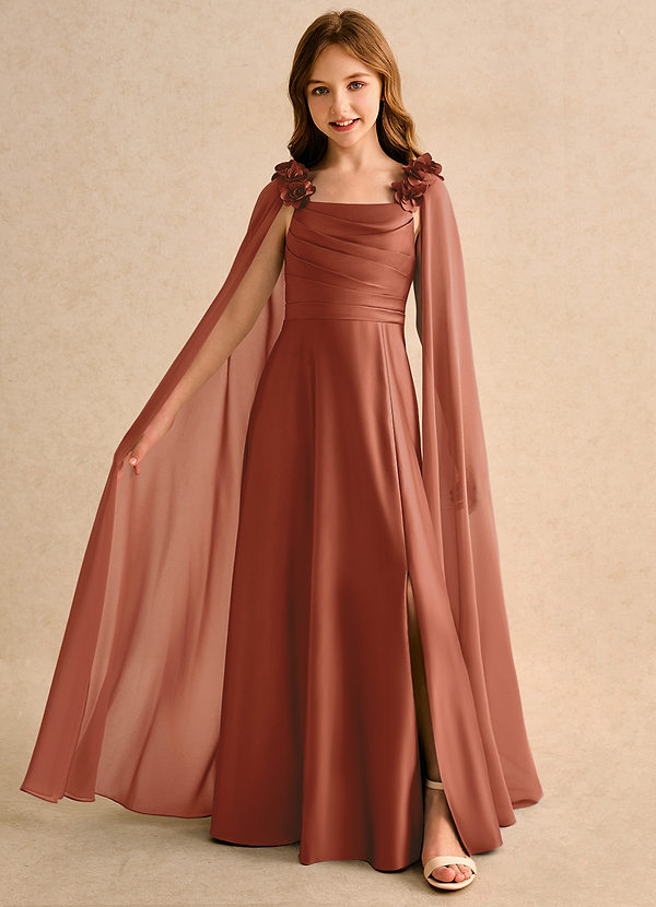 Azazie Rosita Girls Formal Bloemenmeisjes Jurken A-Lijn Jurk van Mat Satijn Geplooid Kastanjebruin image1