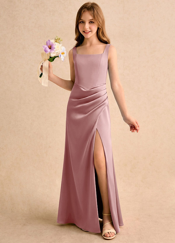 Azazie Noah Girls Formal Bloemenmeisjesjurken Kolom Jurk van Stretch Satijn Geplooide Stoffige Roos image1