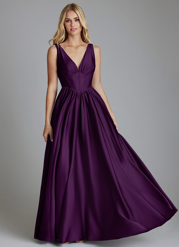 Azazie Delmie Bridesmaid Dresses Vestido Uva de Cetim elástico de Linha A com Espartilho image1