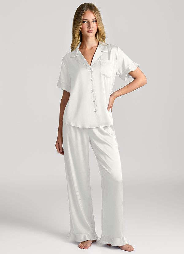 front White Matching Color Ruffled Short Sleeve Long Pants Pajama Set