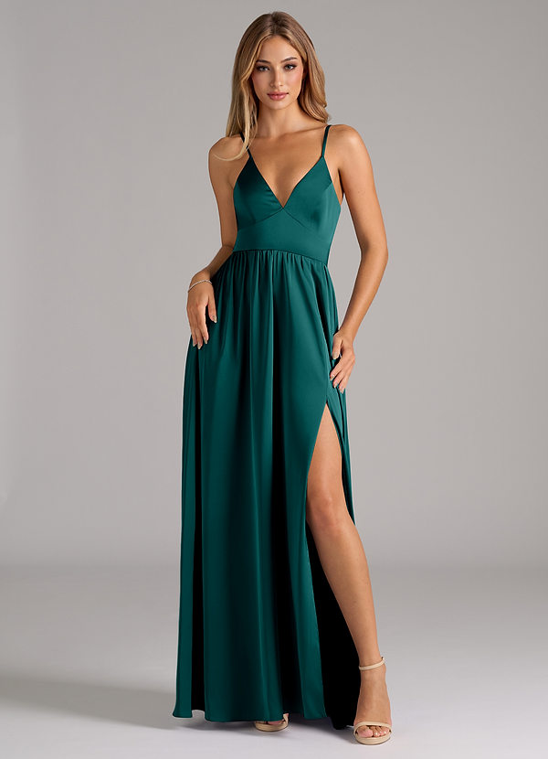 Azazie Aaida 신부 들러리 드레스 A라인 코르셋 스트레치 새틴 바닥 길이 드레스 image1