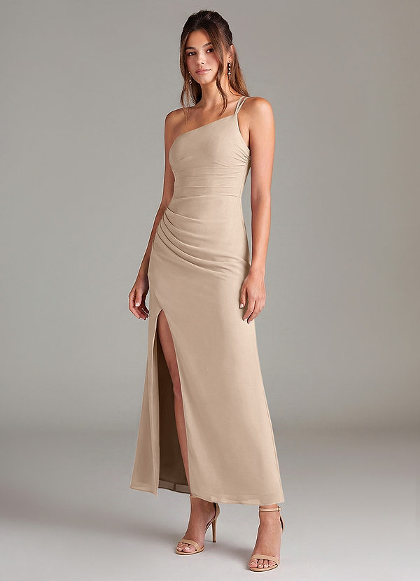 Azazie Eren 신부 들러리 드레스 인어 한쪽 어깨 쉬폰 발목 길이 드레스 image1