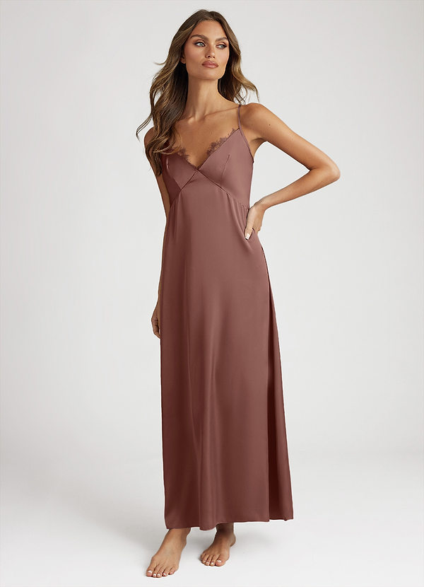 front Espresso Satin and Lace Midi Slip Dress