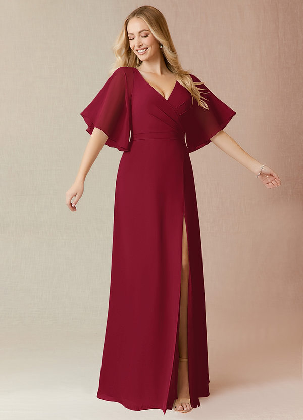 Azazie Cierra Bridesmaid Dresses Burgundy A-Line V-Neck Chiffon Dress image1