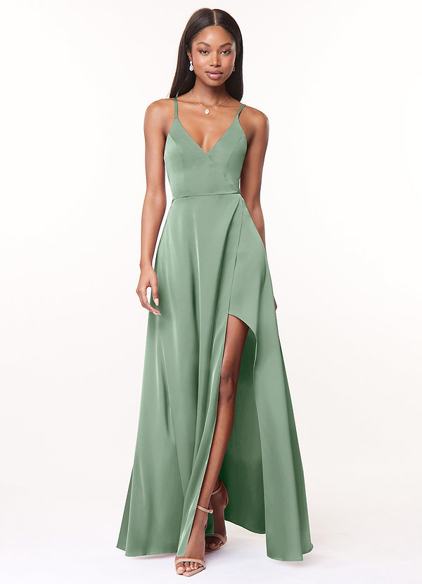 Maksim Pistachio A-Line V-Neck Maxi Satin Dress image1
