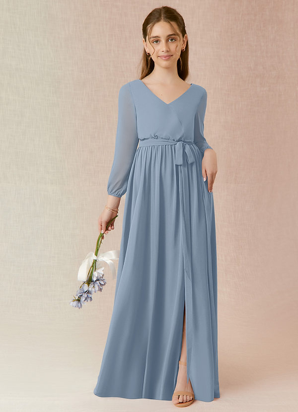 Azazie Angelica Junior Abito A-Line in Chiffon Plissettato Blu Polveroso image1