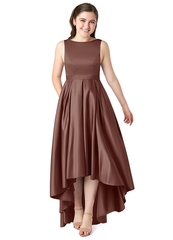 Azazie Inaya Junior A-Linie Gürtel/Schärpe Stretch-Satin Kleid Espresso image1