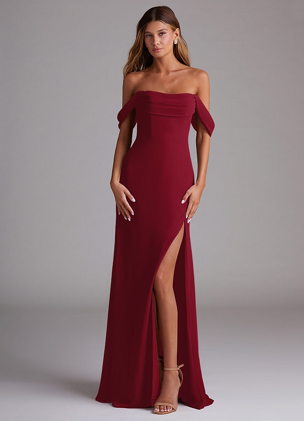Azazie Saige Bridesmaid Dresses Burgundy A-Line Off the Shoulder Chiffon Convertible Dress image1