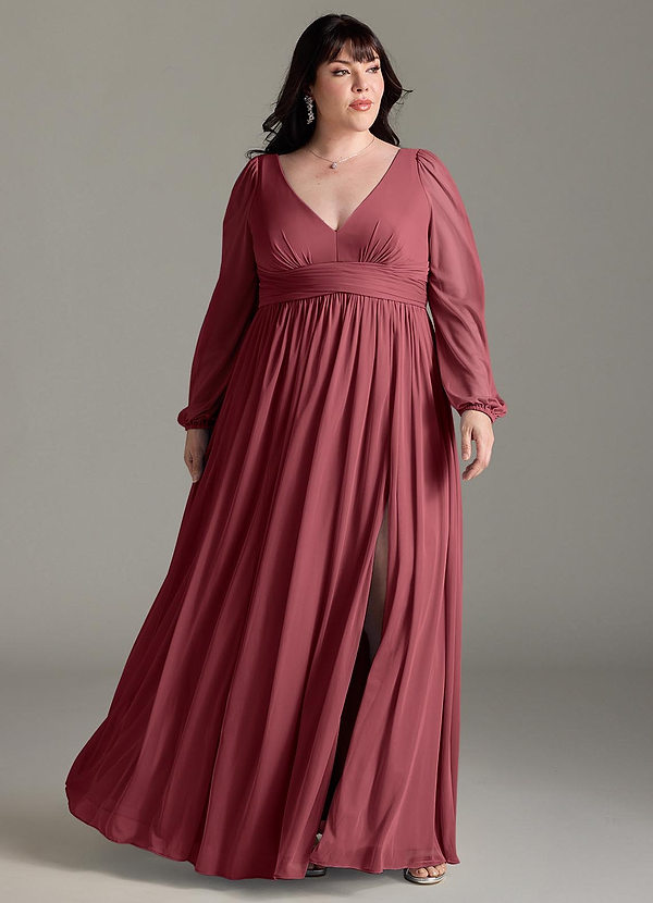 Azazie Norah Bridesmaid Dresses Merlot A-Line V-Neck Long Sleeve Chiffon Dress image1