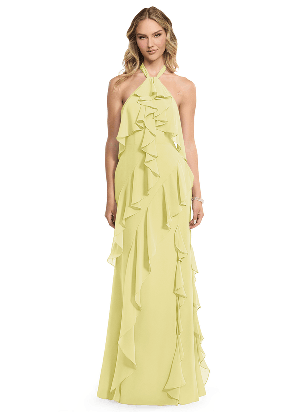 Azazie Velma Bridesmaid Dresses Lemon Sorbet A-Line Side Slit Chiffon Dress image1