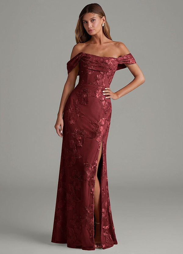 Azazie Saige Bridesmaid Dresses Crimson Blaze Mermaid Off the Shoulder Mesh Convertible Dress image1