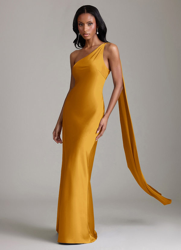 Azazie Galinda Suknie dla druhen Syrena Jedno ramię Satyna elastyczna Do ziemi Sukienka image1