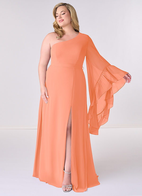 Barbie ♥ Azazie Robes Demoiselle d'honneur Robe Trapèze en Mousseline de soie Manche longue Coucher De Soleil image1