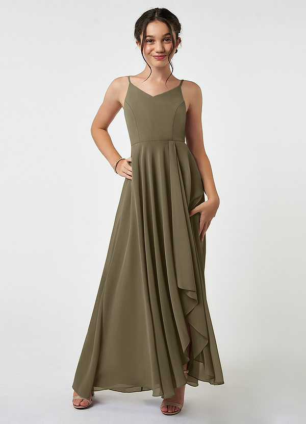 Azazie Collette Junior Willow Green A-Line Ruched Chiffon Dress image1