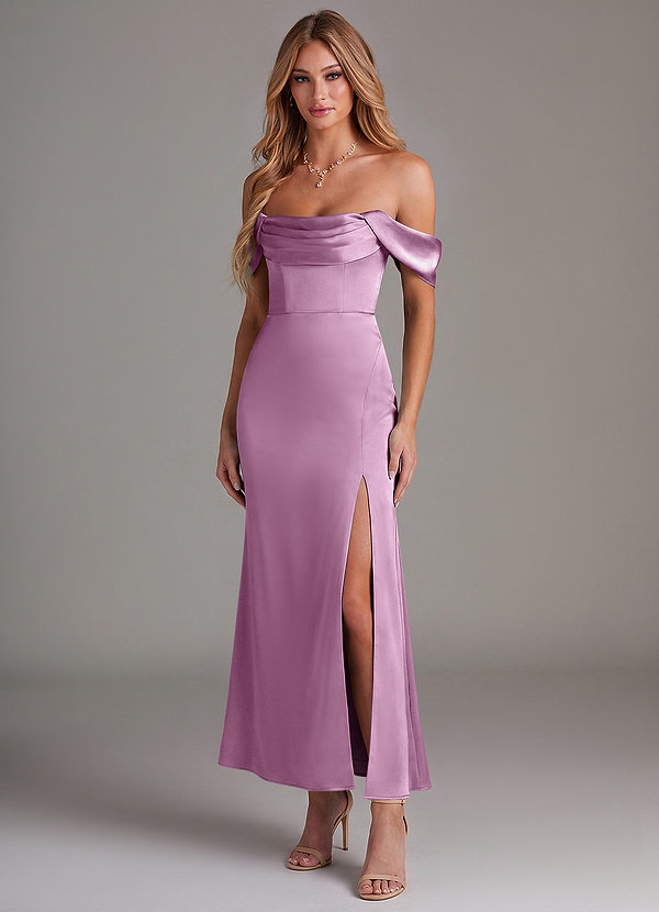 Azazie Saige 신부 들러리 드레스 인어 오프 더 숄더 스트레치 새틴 발목 길이 드레스 image1