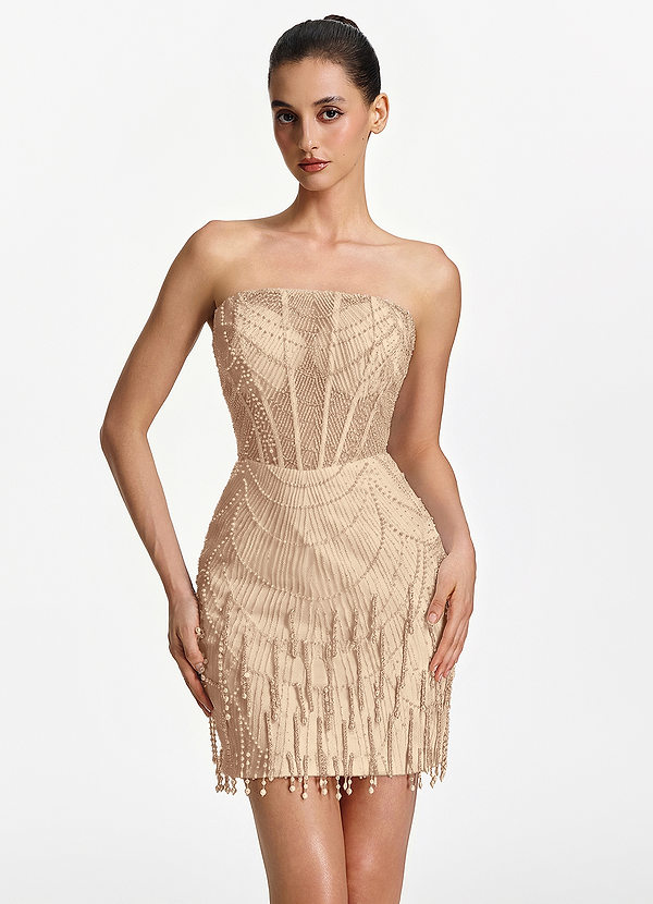Malvina Champagne Robe mini bustier en résille à franges de perles image1
