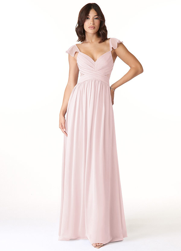 Azazie Lissa Bridesmaid Dresses Blushing Pink A-Line Lace Chiffon Dress image1