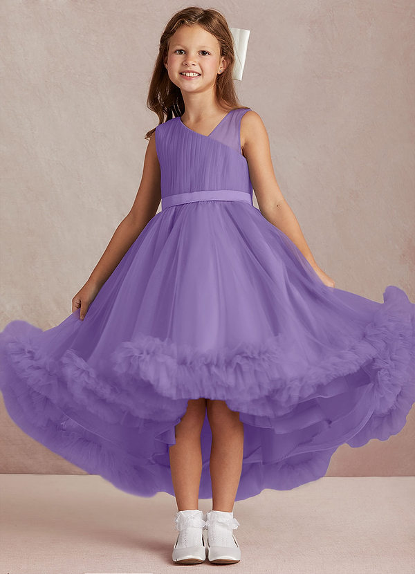 Azazie Lottie Flower Girl Dresses Tahiti A-Line One Shoulder Satin Dress image1
