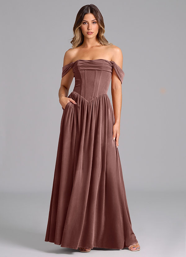 Azazie Hattie Robes Demoiselle d'honneur Robe Trapèze en velours Rayé Expresso image1