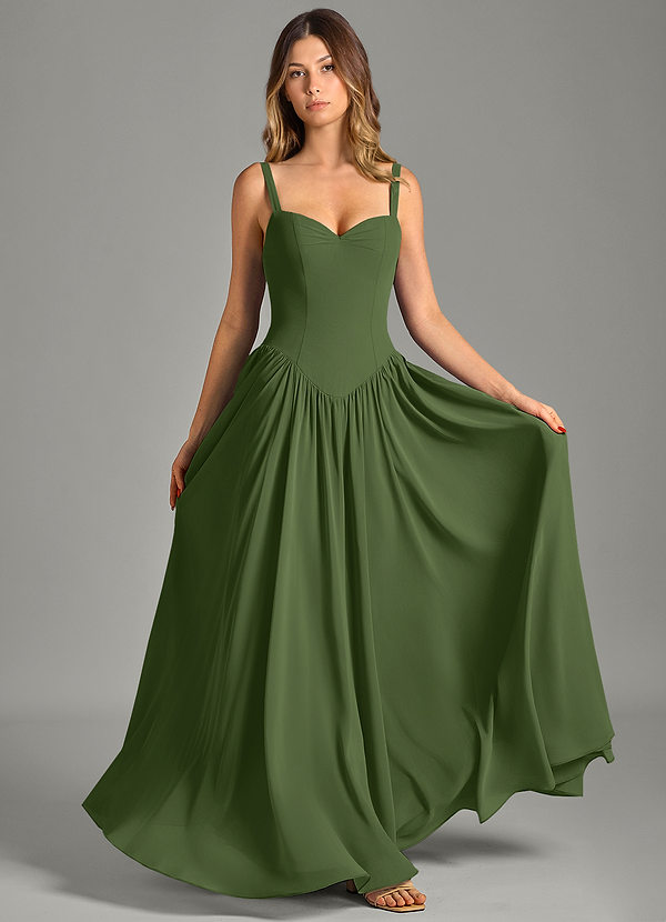 Azazie Evadina Robes Demoiselle d'honneur Robe Trapèze en Mousseline de soie Corset Olive image1