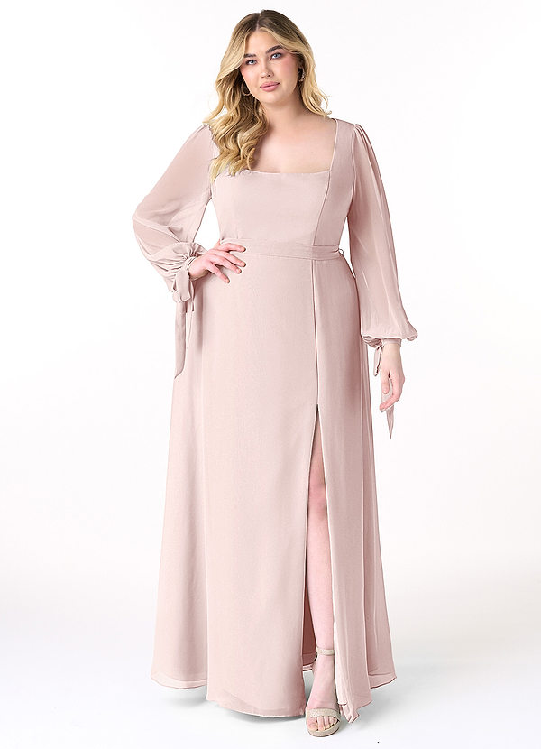 Azazie Leonia Bridesmaid Dresses Blushing Pink A-Line Long Sleeve Chiffon Dress image1