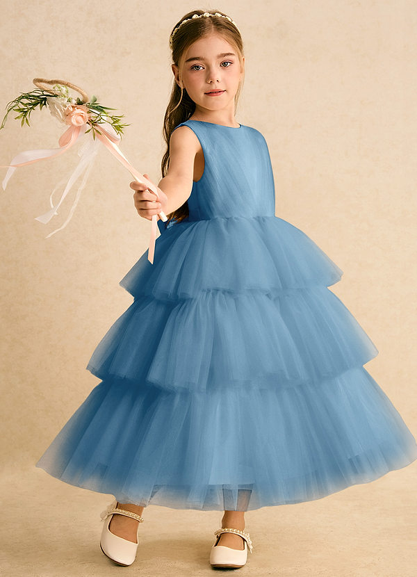 Azazie Marshmallow Blumenkinder Kleider Ballkleid Schleifen Tüll Kleid Stahlblau image1