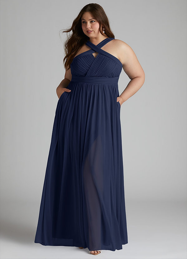 Azazie Hillian Robes Demoiselle d'honneur Robe Trapèze en Maille Dos nu plissé Bleu Marine Foncé image1