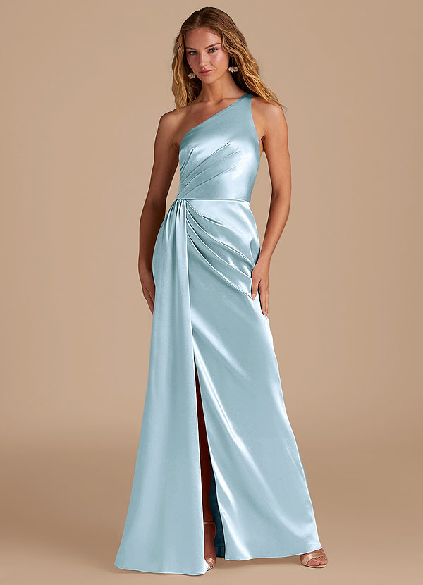Azazie Mika Bridesmaid Dresses Sky Blue Sheath One Shoulder Metallic Satin Dress image1