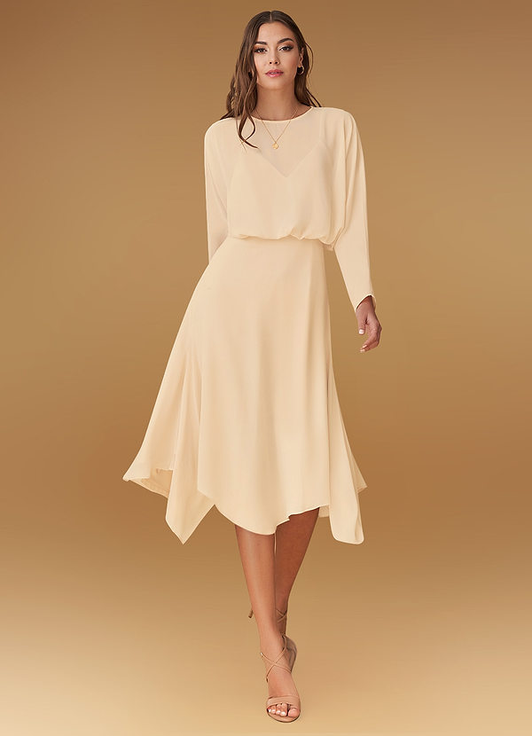 peach midi dress with sleeves