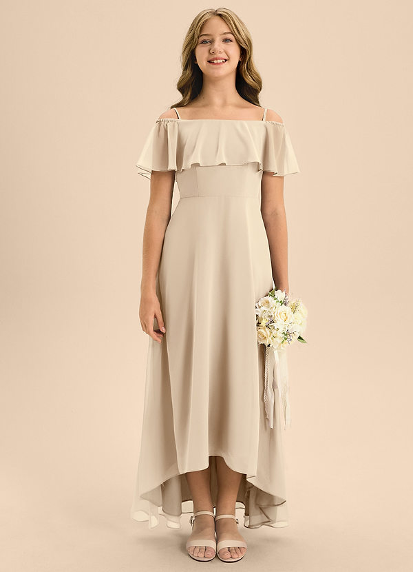 Azazie Maggie Junior A-Linie Schulterfrei Chiffon Kleid Champagner image1