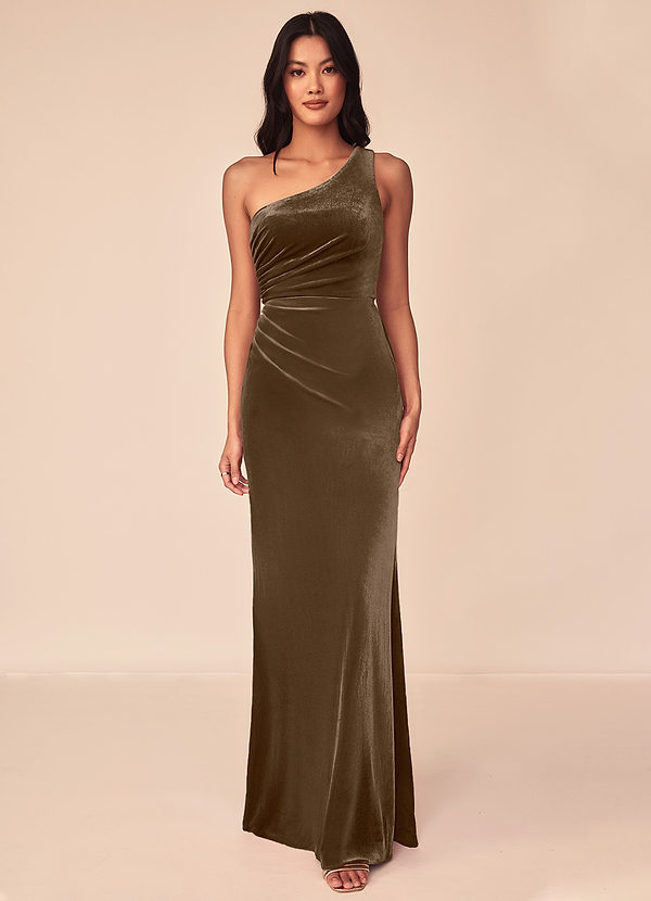 Azazie Argan Bridesmaid Dresses Mahogany A-Line One Shoulder Pleated Velvet Dress image1