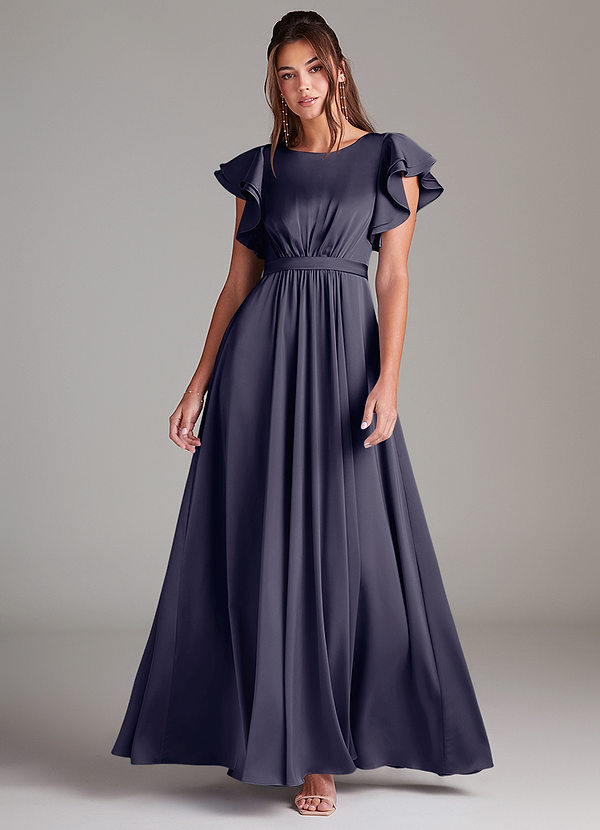 Azazie Daphne Modest Bridesmaid Dresses A-Line Ruched Stretch Satin Floor-Length Dress image1