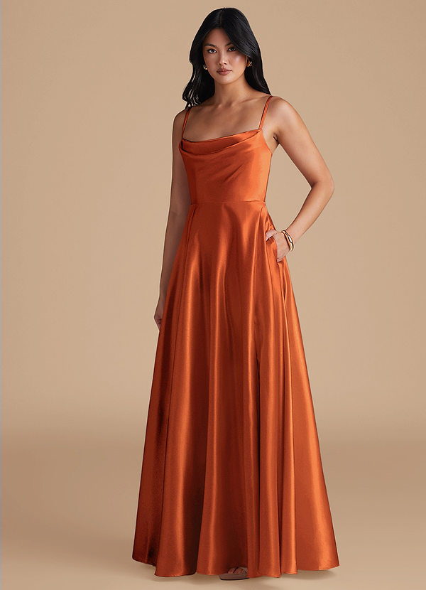 Azazie Elle Bridesmaid Dresses Burnt Orange A-Line with Pockets Metallic Satin Dress image1