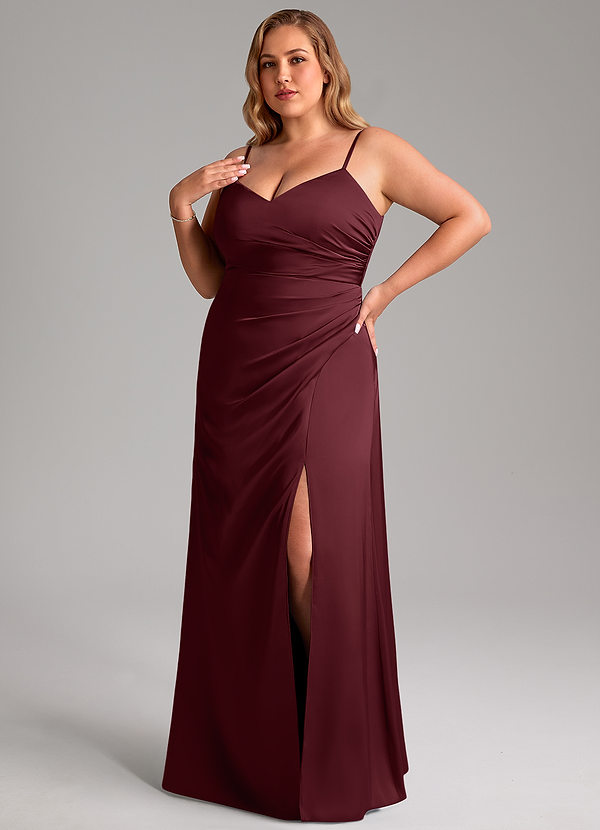 Azazie Azuree Vestidos Dama de Honor Vestido de Cabernet de Satén Elástico de Corte en A con Plisado image1