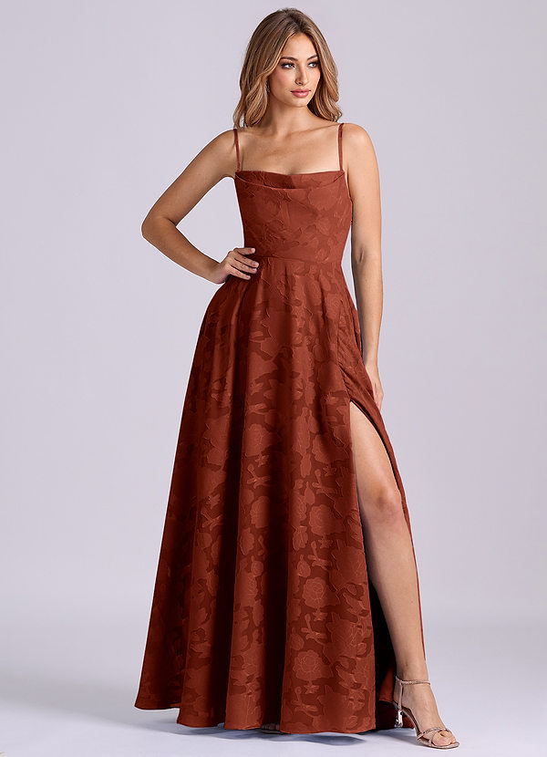 Azazie Elle 신부 들러리 드레스 A라인 주름진 플로럴 번아웃 바닥 길이 드레스 image1