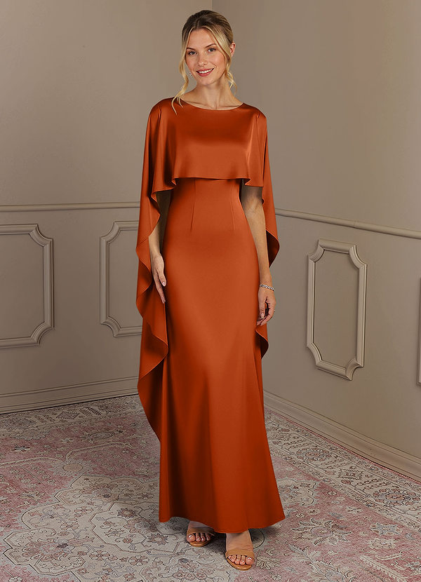 Azazie Eli Mother of the Bride Dresses Vestido Laranja Queimada de Cetim elástico de Bainha com Gargalo image1
