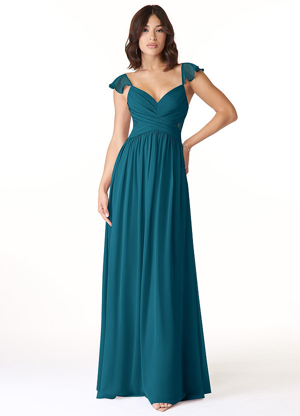 Azazie Lissa Bridesmaid Dresses Ink Blue A-Line Lace Chiffon Dress image1