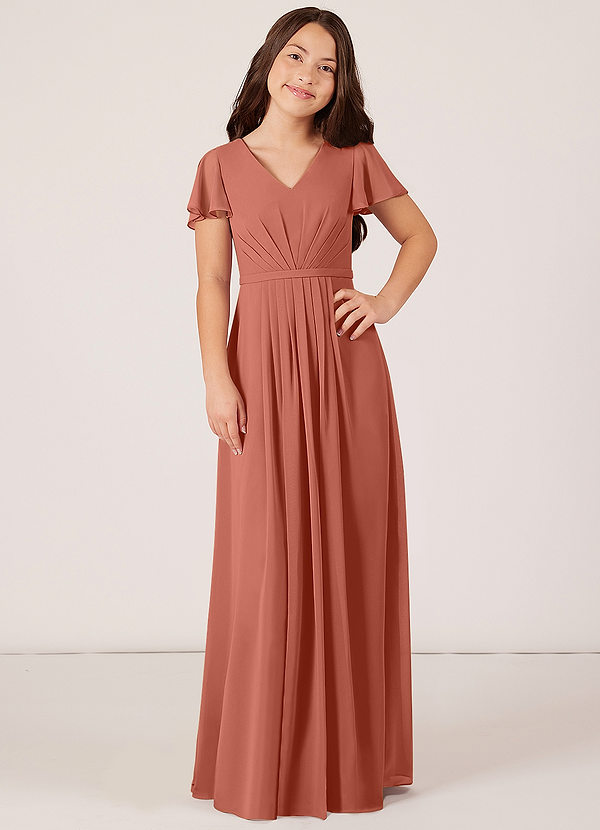 Azazie Peony Junior Clay A-Line Pleated Chiffon Dress image1
